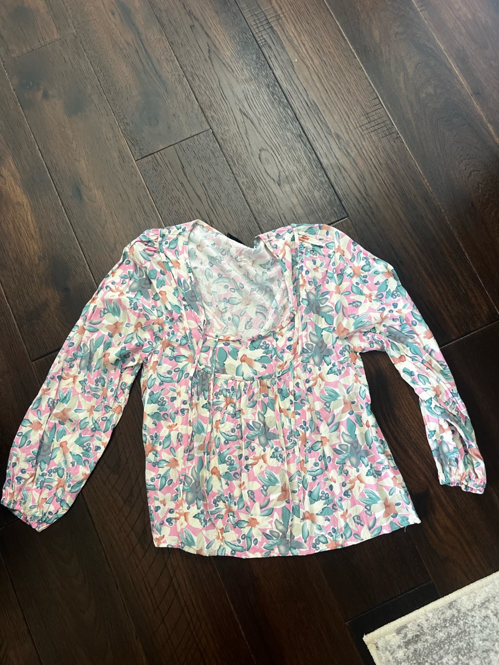 Floral Button-Front Blouse in Pastel Pink & Teal
